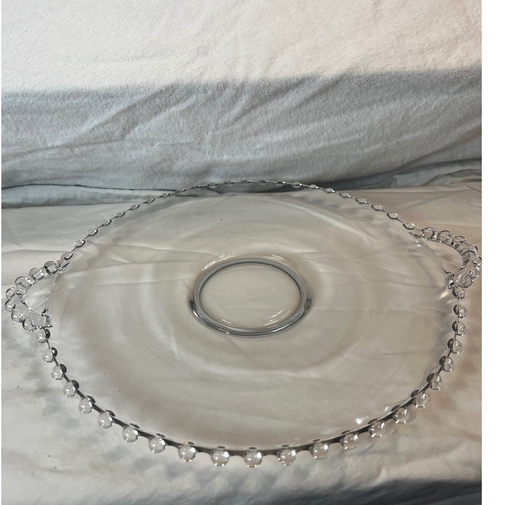 Imperial Glass Candlewick Clear Beaded Edge Round‎ Serving Tray w/ Handles 14.5"